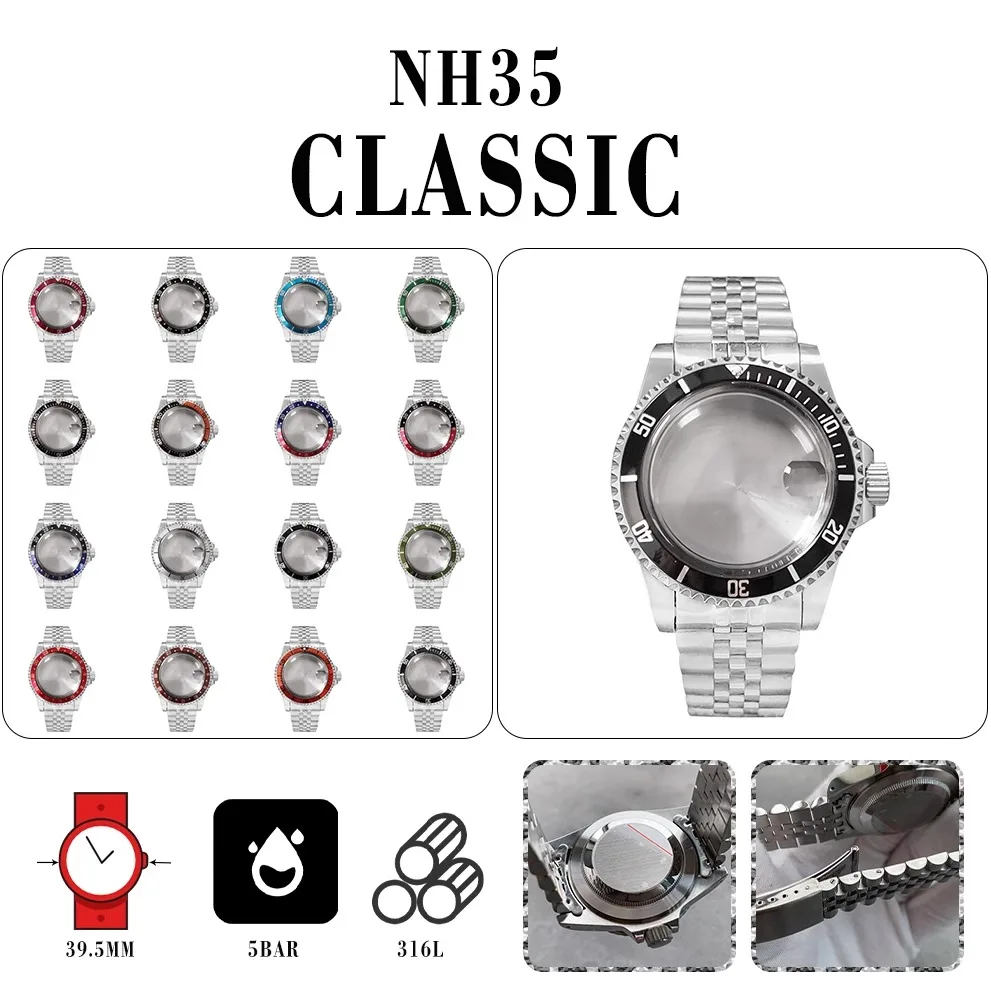 

Vintage case + five-baht strap: acrylic magnifying glass, 39.5mm circle, bidirectional rotation, NH35/36 movement