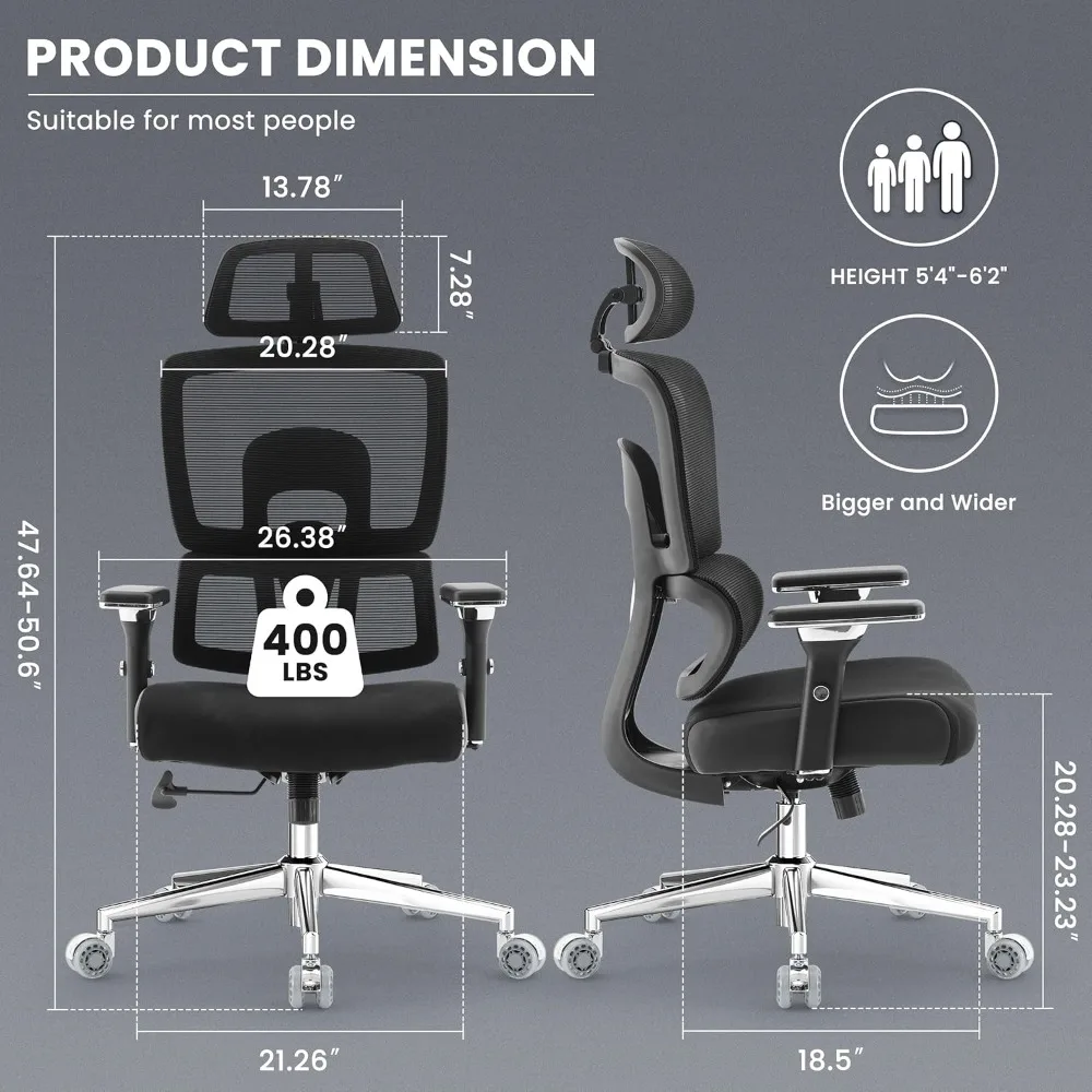 Ergonomic Office Chair, Big and Tall Mesh Chair 400LBS for Home Office&Gaming, High Back Desk Computer Chair with Lumbar Support 2