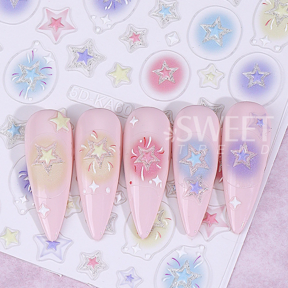5D Tassel Bow Star Nail Stickers Y2K Colorful Star Love Heart Nail Art Decals Valentine's Day Manicure Accessories Nail Supplies