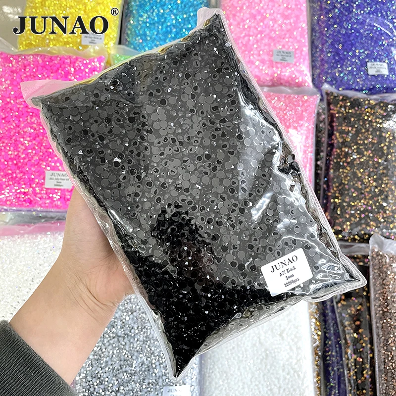 JUNAO 2mm 3mm 4mm 5mm 6mm Jelly Black Rhinestones In Bulk Flatback Resin Crystal Stone Appliques Non Hot Fix Strass for DIY