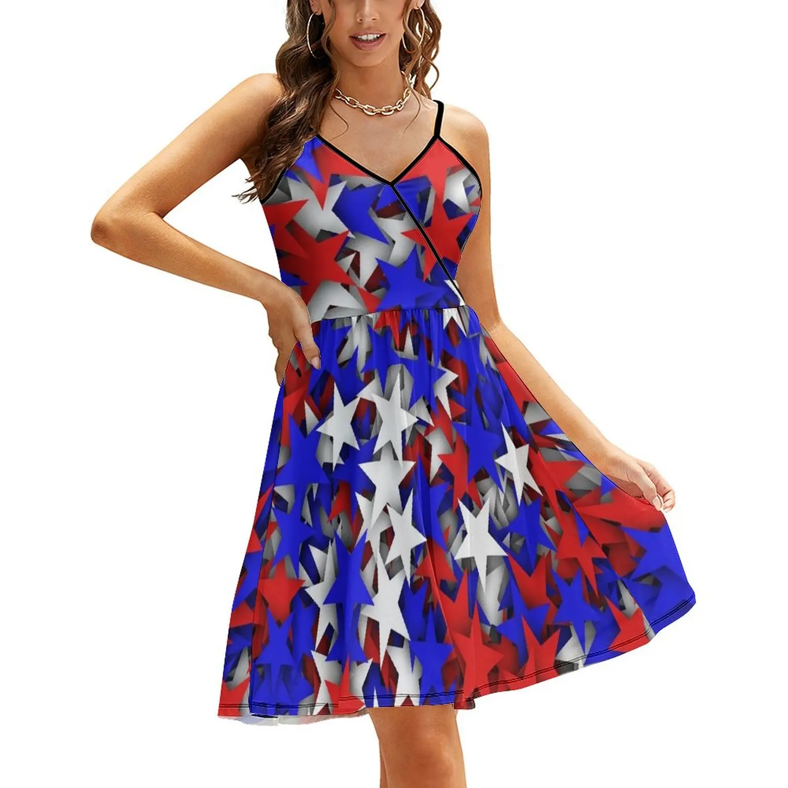 

Blue, red, white stars Sling Dress Long veiled dresses summer women's suit