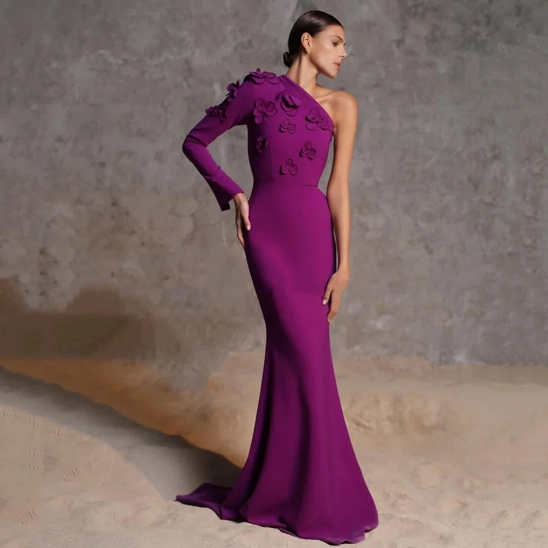 

OTHRAY Elegant Long One Shoudler Evening Dresses with Florals Appliques Saudi Mermaid Formal Dress with Train Ruched