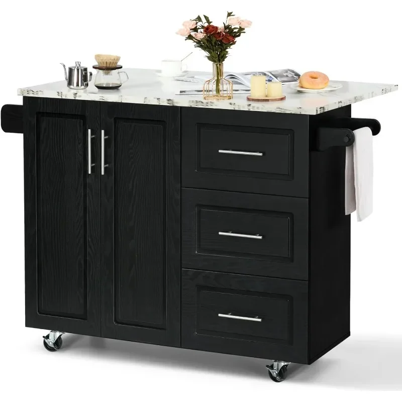 

Kitchen Island with Storage, White Marble Tabletop, Rolling Kitchen Island Cart on Wheels with Drop Leaf Breakfast Bar