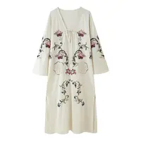 Summer 2025 New Women's Loose Design Sense Flower Embroidery Long Dr Mid-Length A-Line Skirt Sle V-Neline Long Sve - Image 2