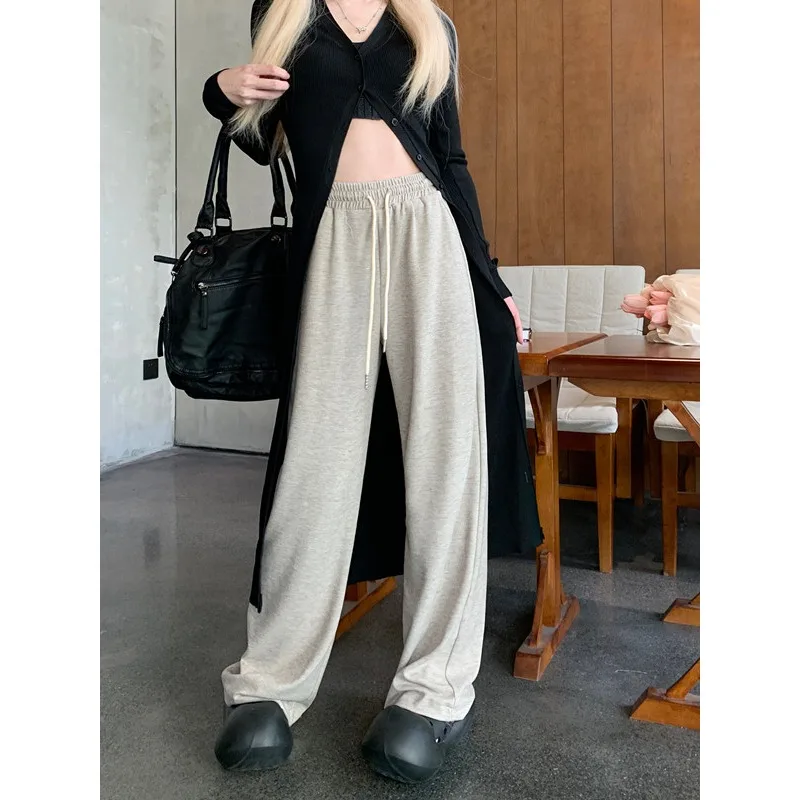 Drawstring Elastic Waist Grey Casual Wide Leg Pants For Women's Autumn Wear Dropped Straight Leg Pants Loose High Waist Pants