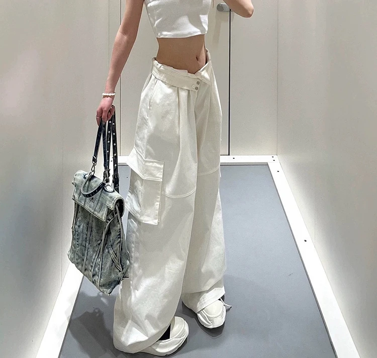Taschenarbeitshose mit geradem Bein, lockere Weite, hoher Bund, lässige, schlank machende Hose, bodenlange Hose – Detail 3