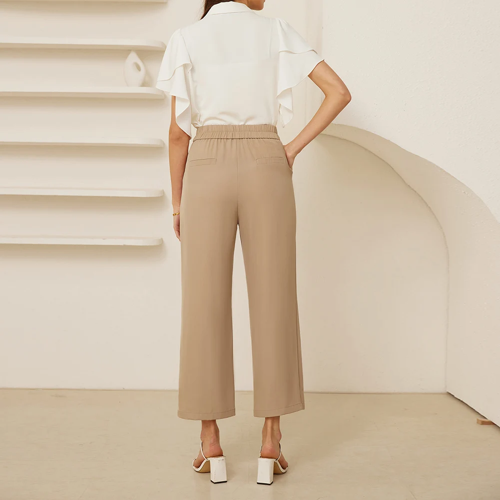 GK Women Straight Leg Capris OL Elastic Waist Cropped Length Pants With Belt Pockets Decor Fashion Office Lady Casual Trousers