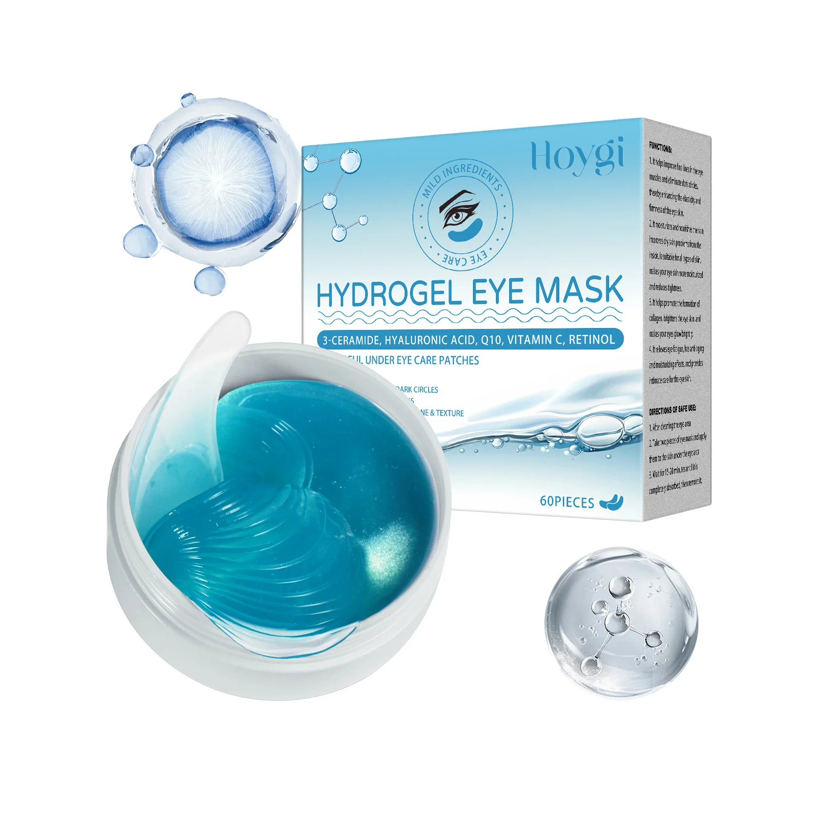 60 יחידות מסיכות עיניים רטינול מחזקות שקיות עיניים נגד כהויות כהות, הסרת קמטים וקמטים, לחות וטיפוח העור