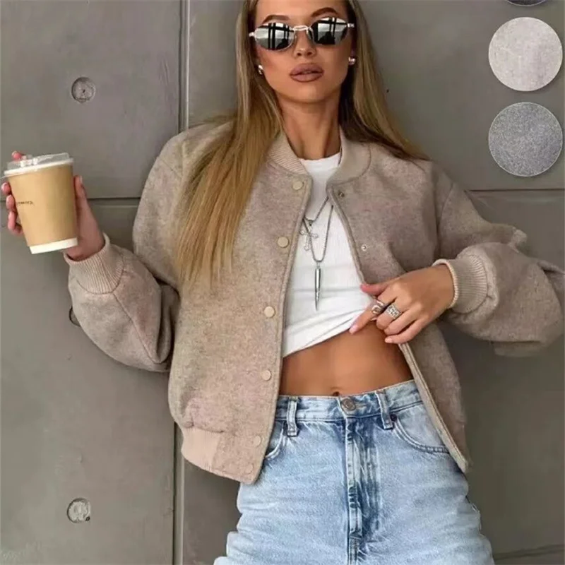 TRAF 2024 Women Jacket Cropped Bomber Jackets For Women Beige Black Tweed Jacket Woman Fashion Long Sleeve New In Short Coats 2