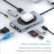9in1 USB C Hub Docking to HDMI 4K VGA RJ45 PD Charging SD TF Card Reader USB3.0 Wireless Charger Adapter for Laptop Macbook
9in1 USB C Hub Docking to HDMI 4K VGA RJ45 PD Charging SD TF Card Reader USB3.0 Wireless Charger Adapter for Laptop Macbook