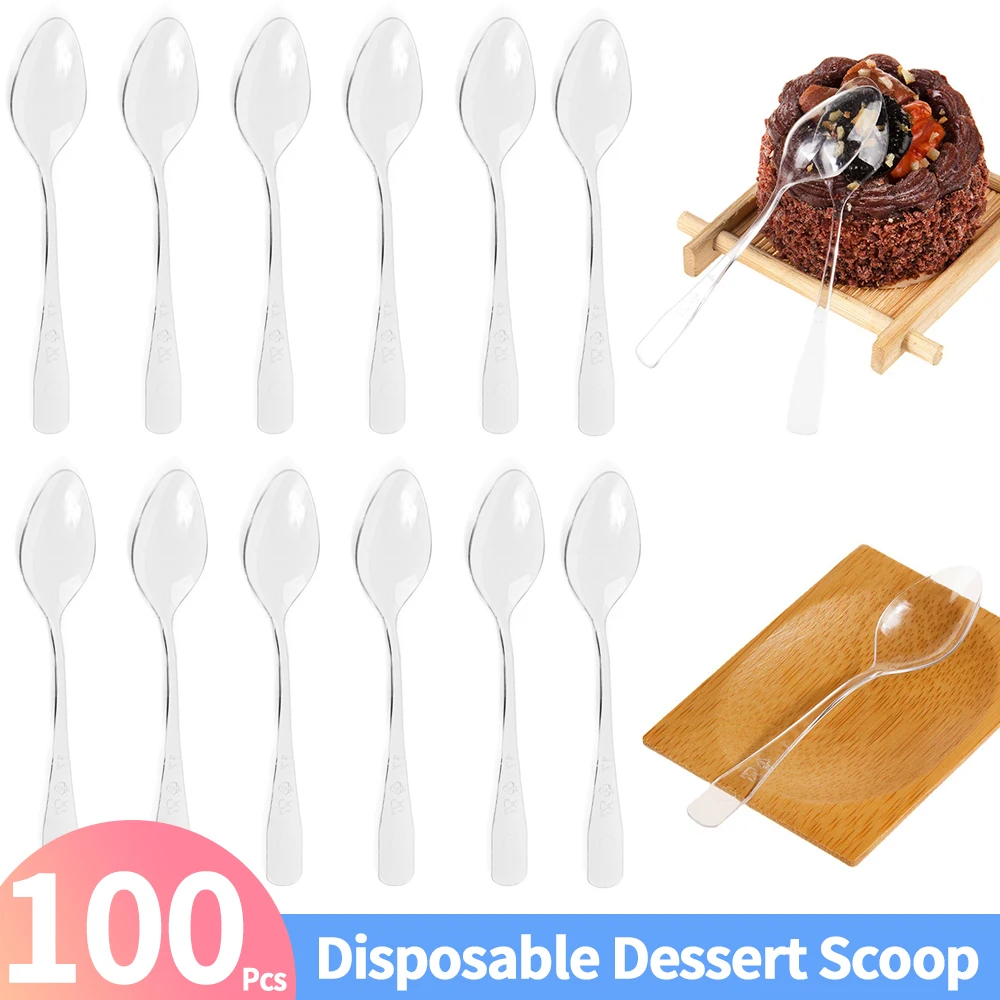 Disposable Dessert Spoons 100 Pcs Disposable Mini Tasting Spoons For Ice Cream Cake Desert Jelly Pudding Party Supplies Black/Clear Plastic Serving Spoons