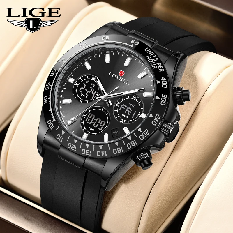 LIGE New Dual Display Men's Watch 3Bar Waterproof Sport Military Alarm Clock Stopwatch Luminous Quartz Watch Men's Digital Clock