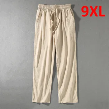 린넨 바지 남성 플러스 사이즈 9XL 8XL 바지 여름 린넨 바지 남성 패션 캐주얼 단색 바지, 빅 사이즈 8XL 9XL