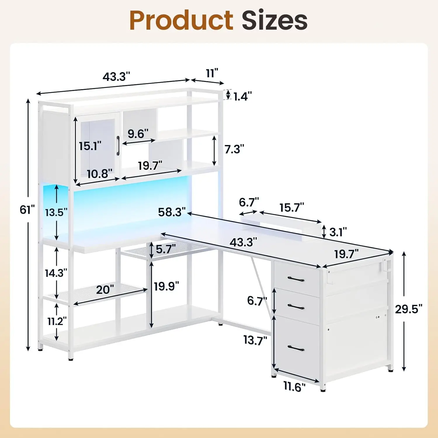 L Shaped Computer Desk, 58'' Office Desk with 3 Drawers and Bookshelf, L Shaped Corner Desk with Storage Shelves and LED Light 6