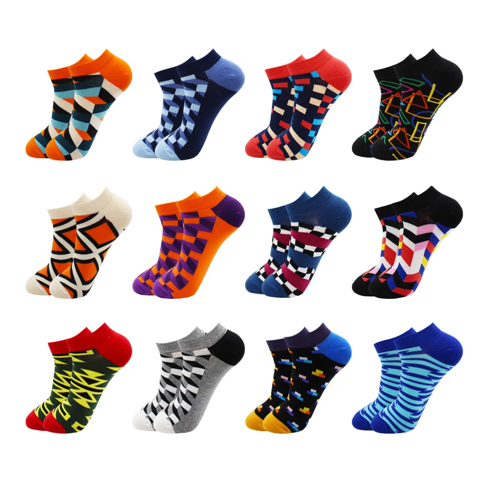 6-12 Pairs Novelty Funny Casual Ankle Socks Fashion Colorful Harajuku Fruit Animal Grid Cotton Men Slippers | Мужская одежда