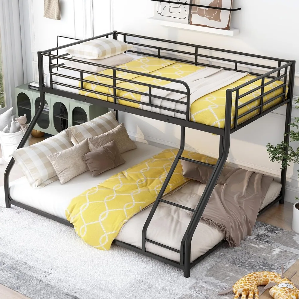 Metal Floor Bunk Bed, Twin XL Over Queen, Guardrail and Ladder, Space-Saving Design, Metal Bed for Kids&Teens 4