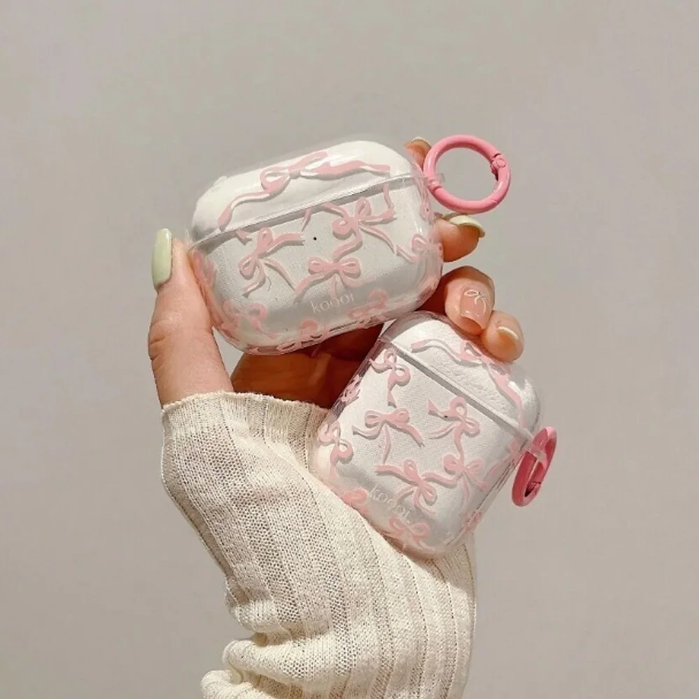 Funda Para AirPods Pro 2 Con Lazo Rosa Y Charm Floral, Protección Antiarañazos, Con Mosquetón Para Colgar