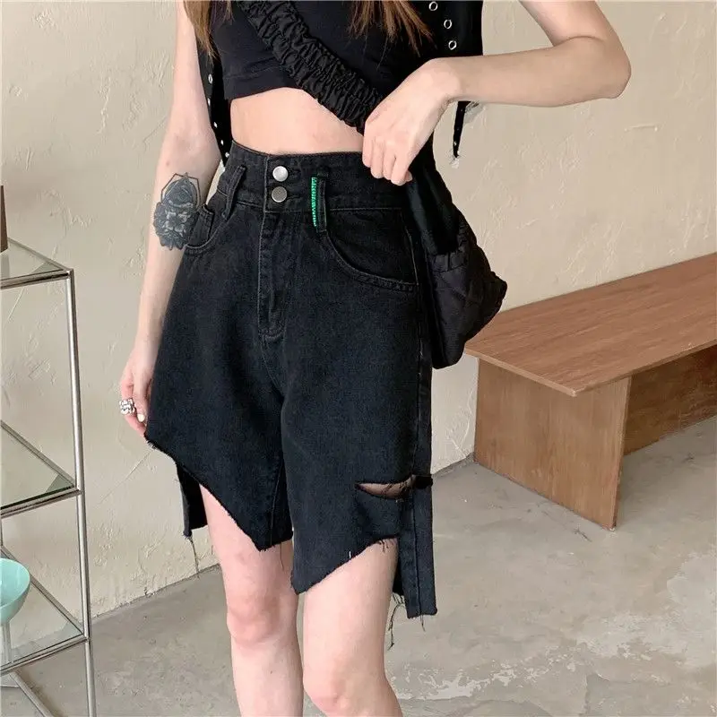 Denim Shorts Black Ripped Irregular High Waist Straight Women 2024 Summer Korean Version Slimming Raw Edge Five-Point Hot Pants