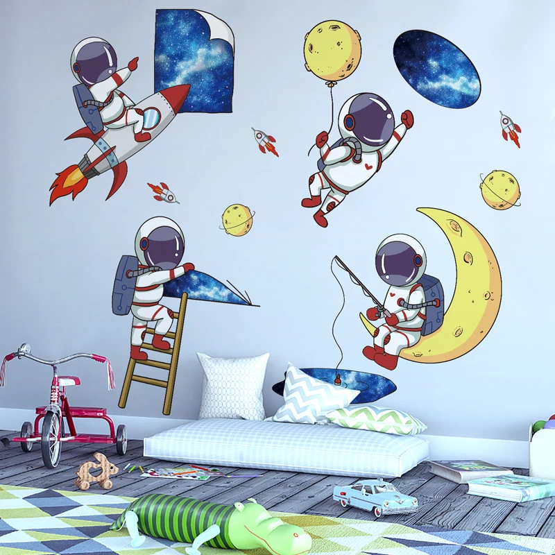 

[SHIJUEHEZI] Astronauts Rockets Wall Stickers DIY Planets Wall Decals for Kids Rooms Children Bedroom Nursery Home Decoration