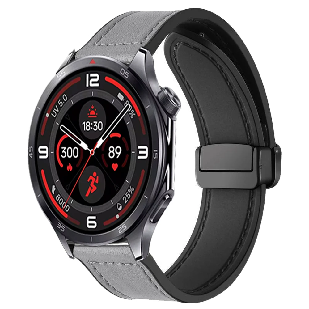 Premium Silicone and Leather Magnetic Buckle Replacement Wristband, 20mm/22mm