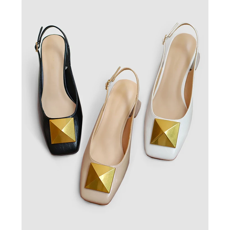 

2024New Design Square Toe Women Sandals Fashion Big Gold Rivet Ladies Dress Party Shoes Square High Heel Pumps Shoes