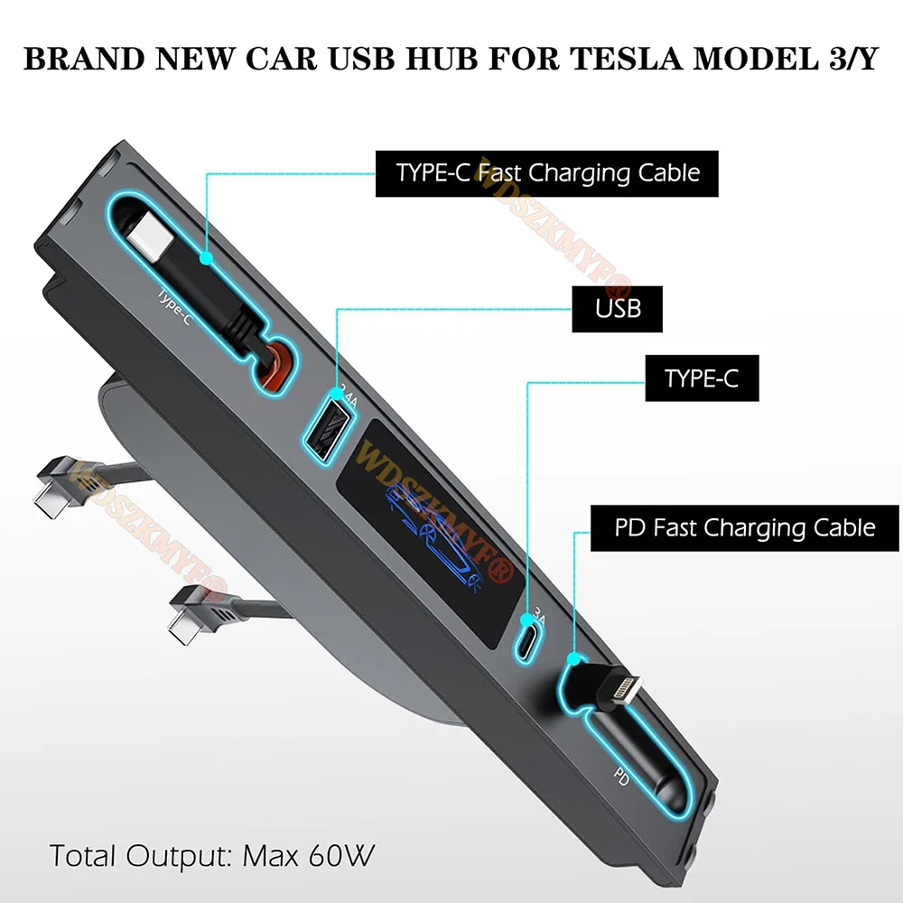 USB Shunt HUB For Tesla 2021~2023 Model 3 2021~2024 Model Y Quick Charger 27W Intelligent Docking Station Gifts for Tesla Owners