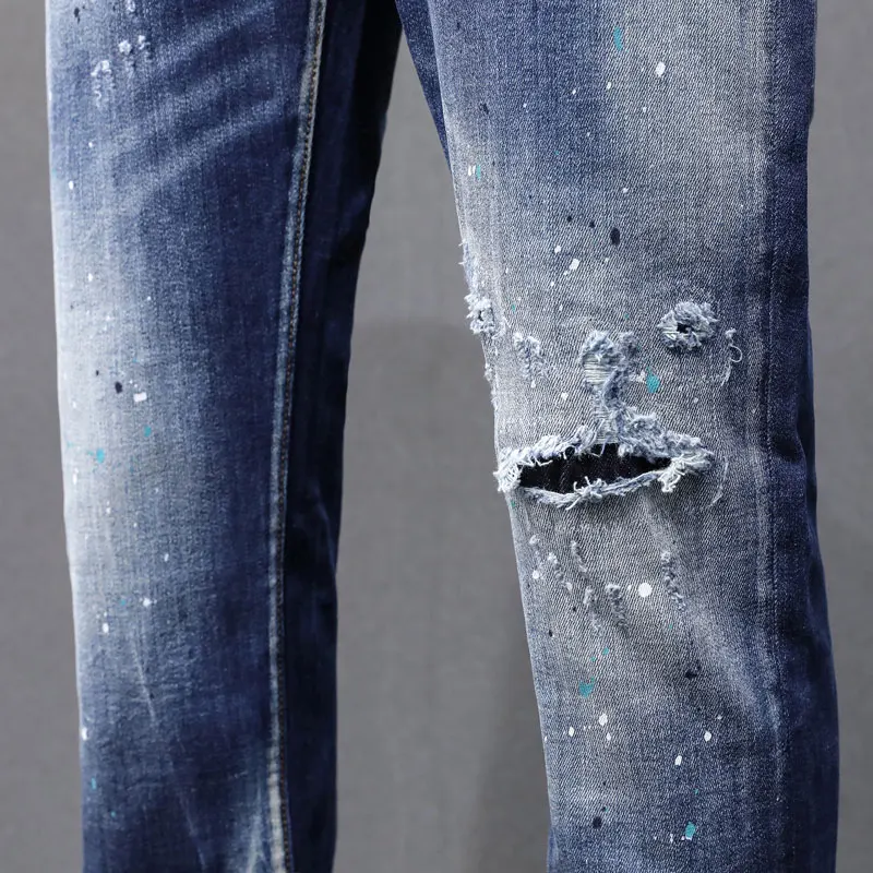 Street Fashion Men Jeans High Quality Retro Blue Stretch Slim Fit Painted Ripped Jeans Men Brand Designer Hip Hop Denim Pants