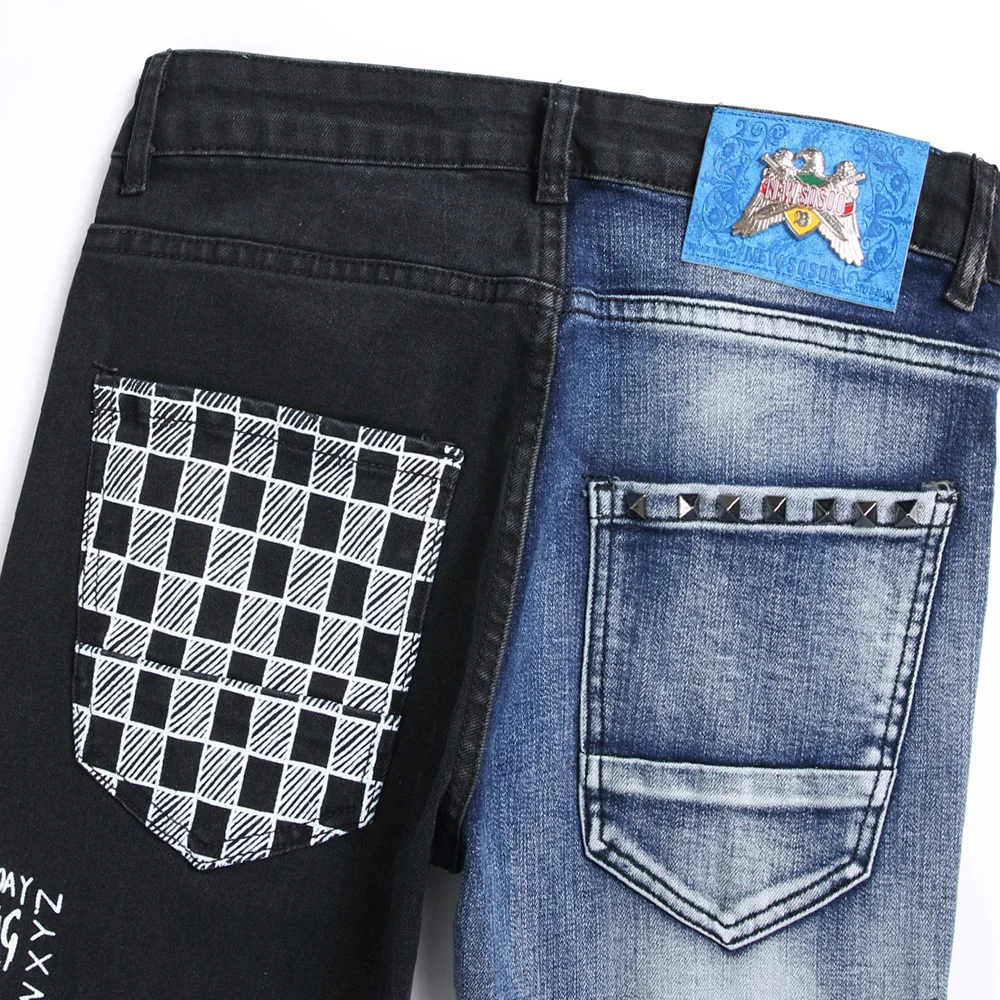 Men Spliced Stretch Denim Jeans Streetwear Punk Check Print Rivet Pants Holes Ripped Distressed Letters Painted Trousers