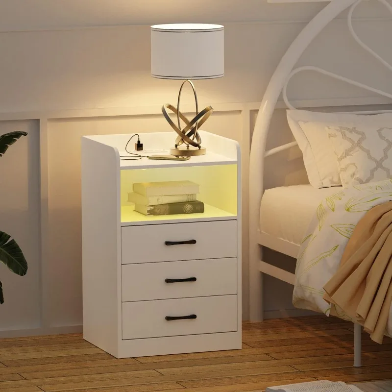 

SUPERJARE Nightstand with Charging Station and LED Light Strips, Night Stand with Drawers, End Table with USB Ports and Outlets,