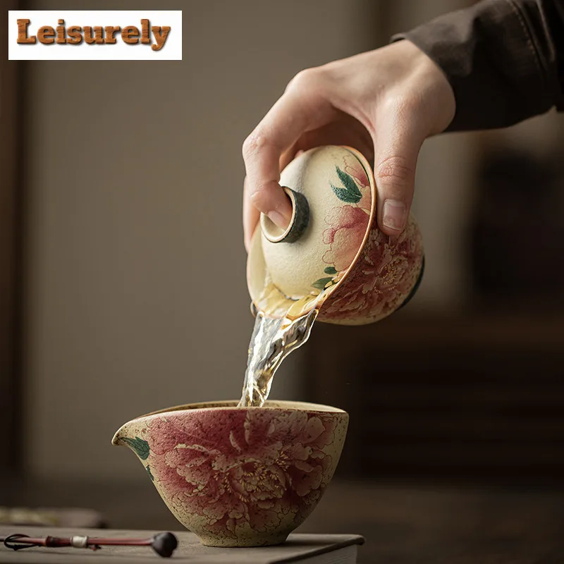120ml Blue And White Flint Red Peony Gaiwan Elegant Tea Tureen Tea Bowl With Lid Kit Tea Maker Cover Bowl Kung Fu Tea Set Craft