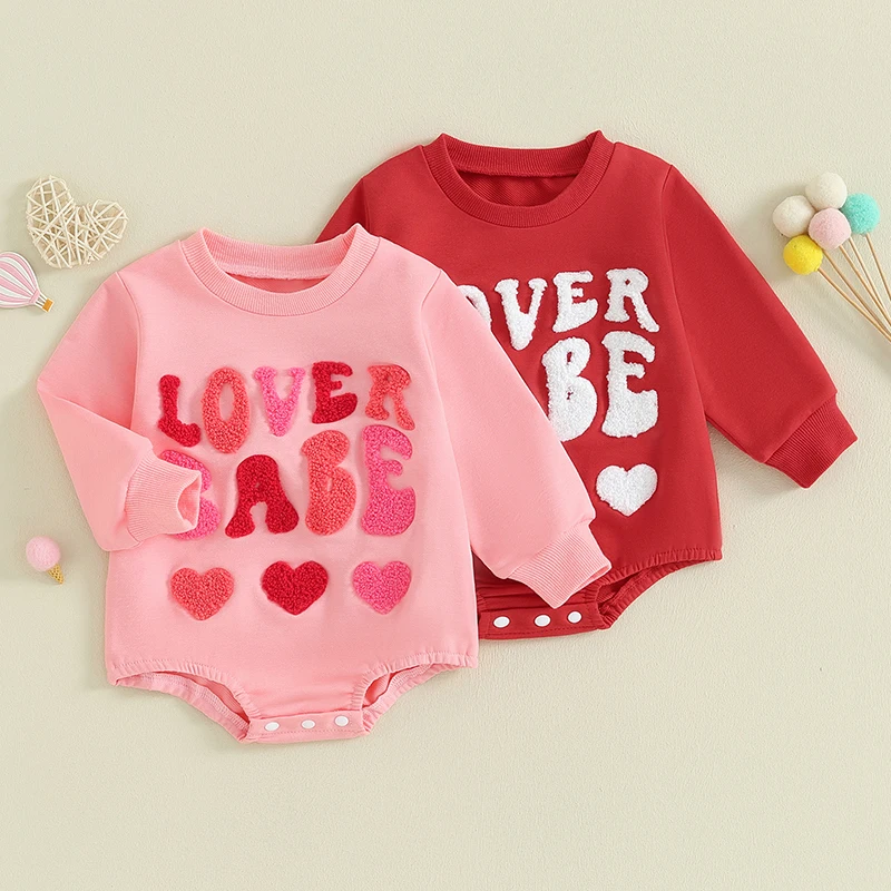 

Baby Girls Boys Sweatshirts Rompers Valentine's Day Clothes Letter Heart Fuzzy Embroidered Long Sleeve Toddler Bodysuits