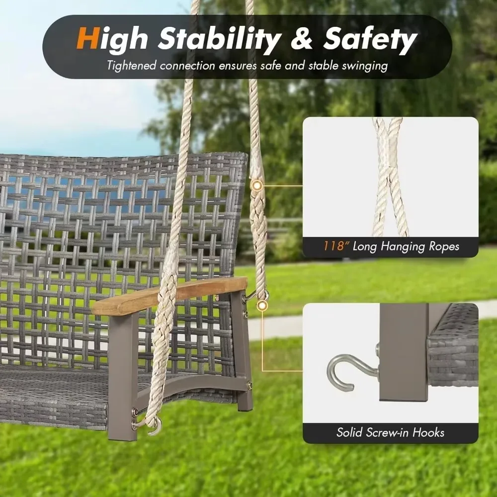 2-Person Patio Porch Swing Chair, Outdoor Rattan Swing Bench with Acacia Wood Armrests & Two 118” Hanging Ropes 4