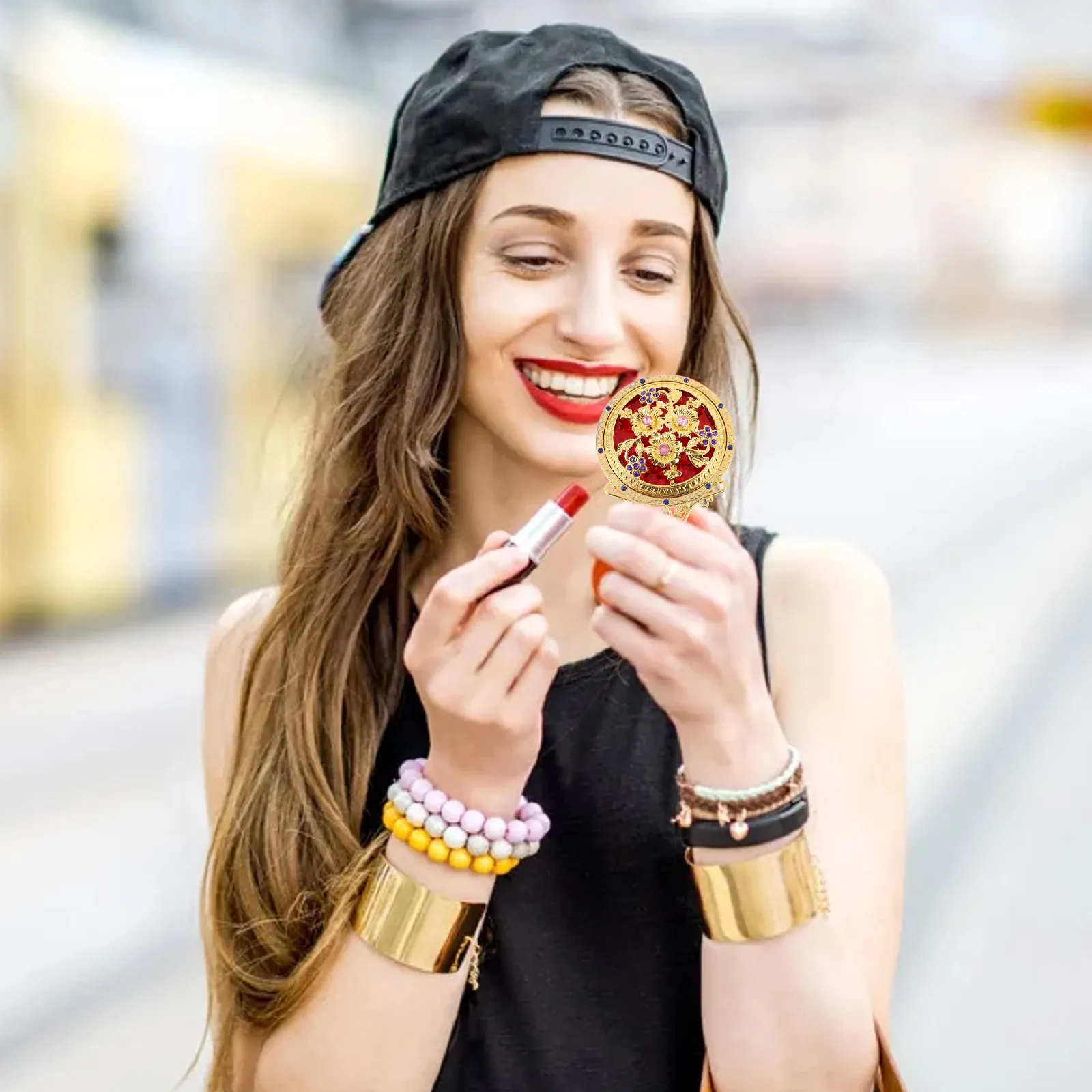 1세트 레트로 플로럴 헤어 빗 세트와 휴대용 접이식 빈티지 미니 화장 거울, 여행용/가정용/선물용 휴대용 화장 거울