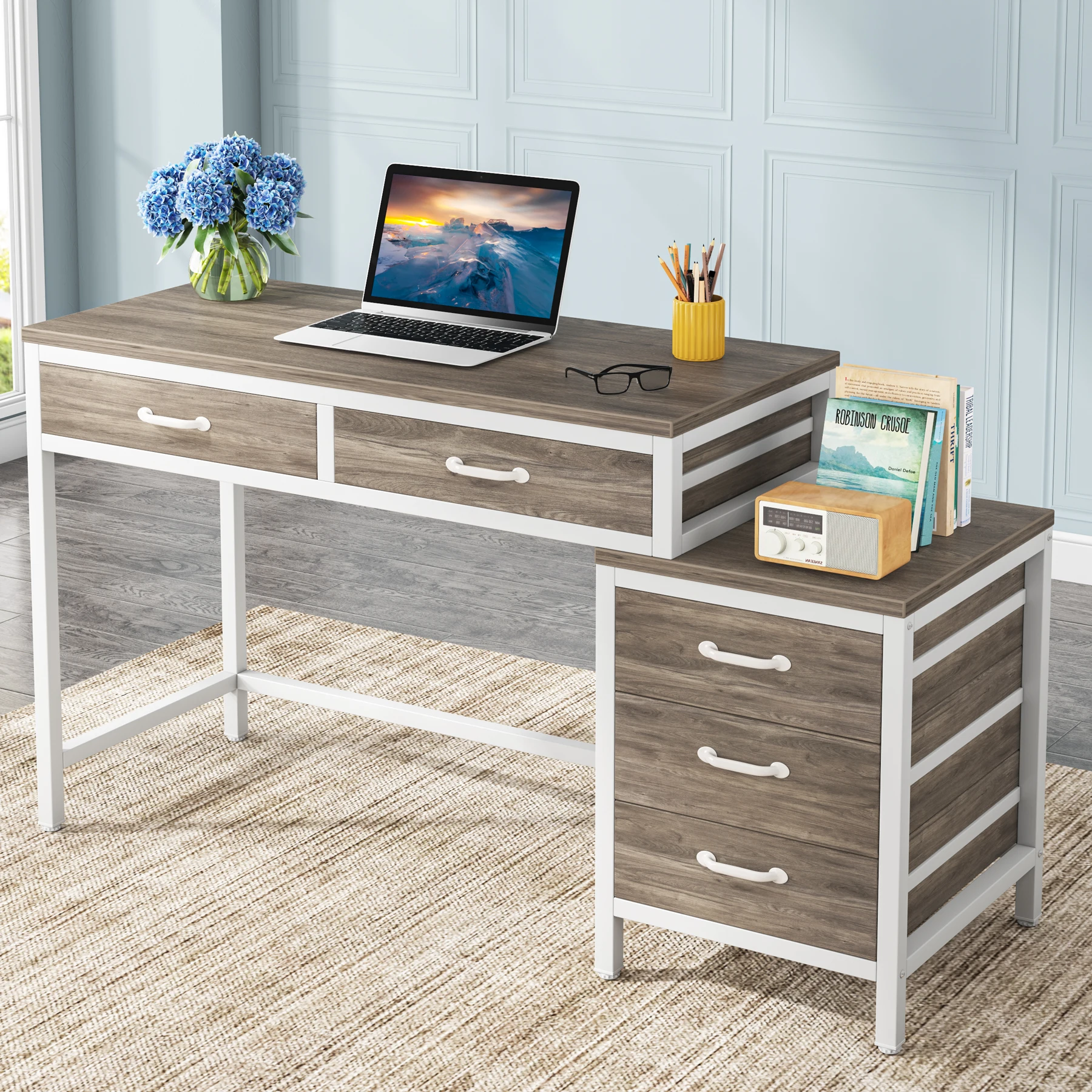 

Tribesigns Computer Desk with 5 Drawers, Home Office Desks with Reversible Drawer Cabinet Printer Stand for Small Spaces