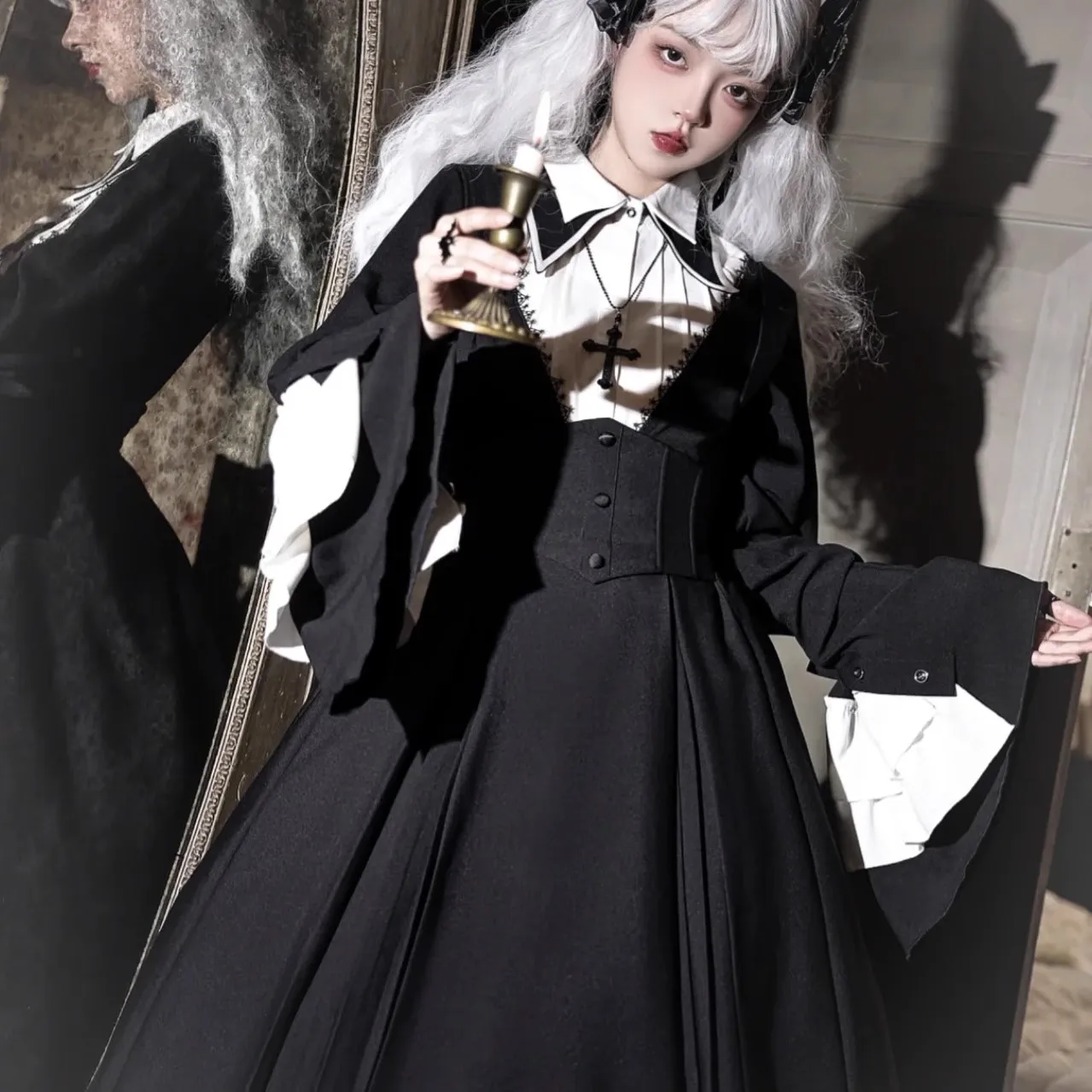 

Long 5 Pieces Set Cross Praise Lolita Dress Dark Autumn Winter Halloween Sisters Style Cosplay Costume Phoebe Gothic Lolita