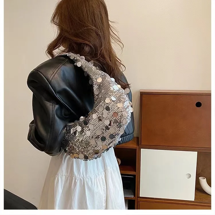 

Женская Серебристая сумка с полумесяцем и блестками, дизайнерские сумки с блестками, женская сумка на плечо, модель 2023