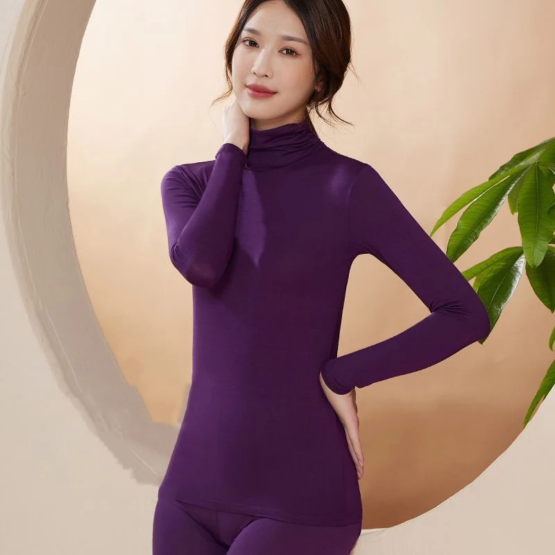 

Modal Autumn Winter Thin Thermal Underwear Set for Women High Neck Tops and Pants 37℃ Temperature Base Layer Slim Soft
