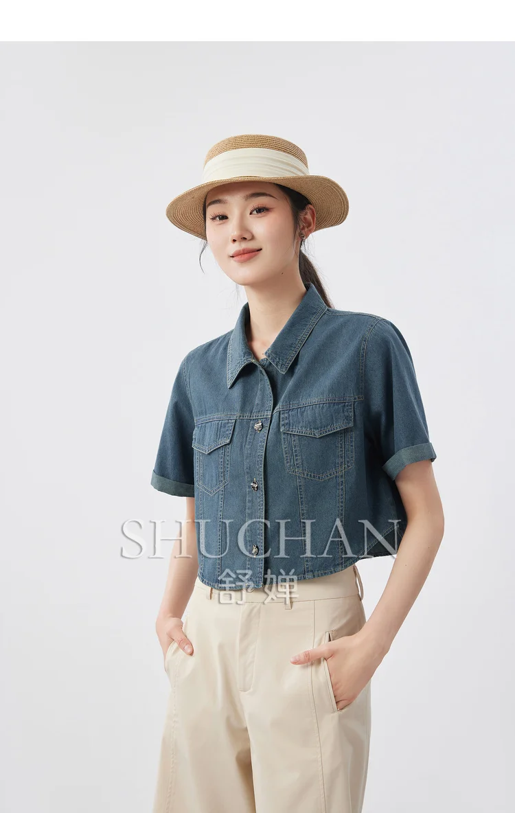 crop denim top 2024 summer 95% cotton blouses for women fashion  blusas mujer short  sleeve shirt women