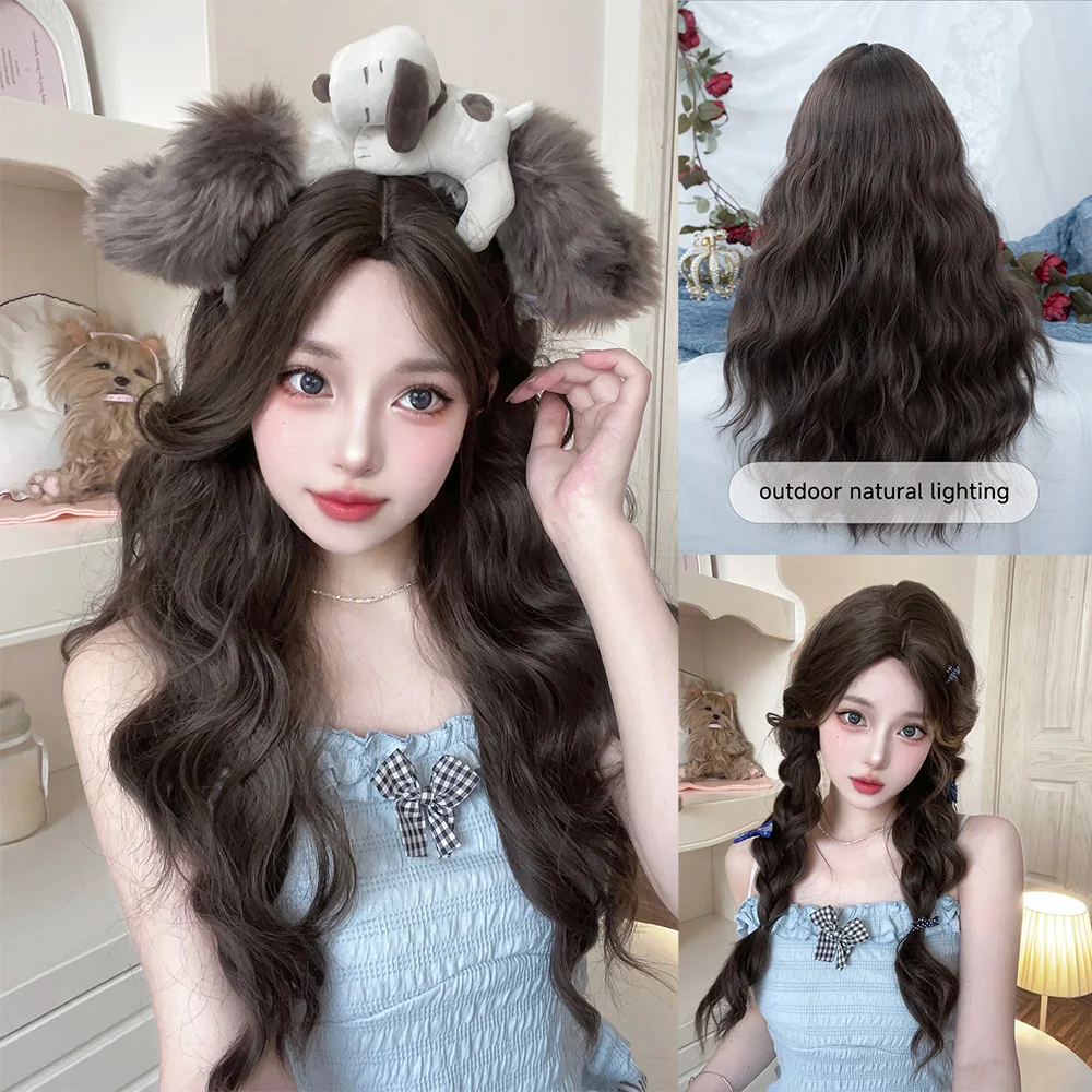 28Inch Cool Brown Color Middle Part Synthetic Wigs Long Natural Curly Hair Wig for Women Daily Use Cosplay Party Heat Resistant