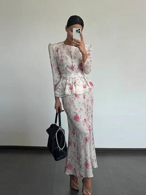 Elegant Print Skirts Set Women With Belt O-neck Puff Sleeve Single Breast Top Slim Hip Package Midi Skirt 2025 Office Lady Suit 6