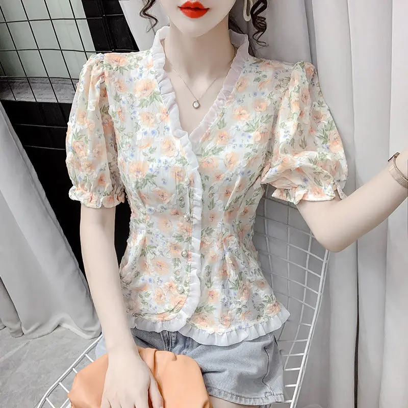 

Korean Fashion Single-breasted Blouse 2023 Summer Ruffles Casual Broken Flower Printed Female Elegant V-Neck Gauze Spliced Shirt