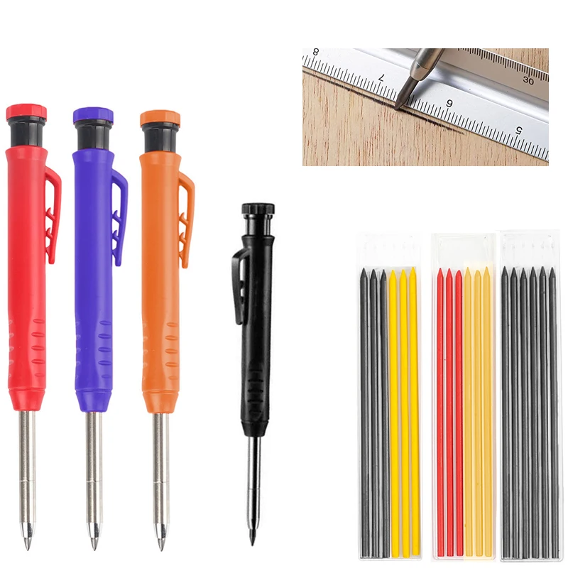 Solid Carpenter Pencil Set carpenter pencil With 6 Refill Leads Built-in Sharpener Marking Tool Woodworking Deep Hole Mechanical Pencils