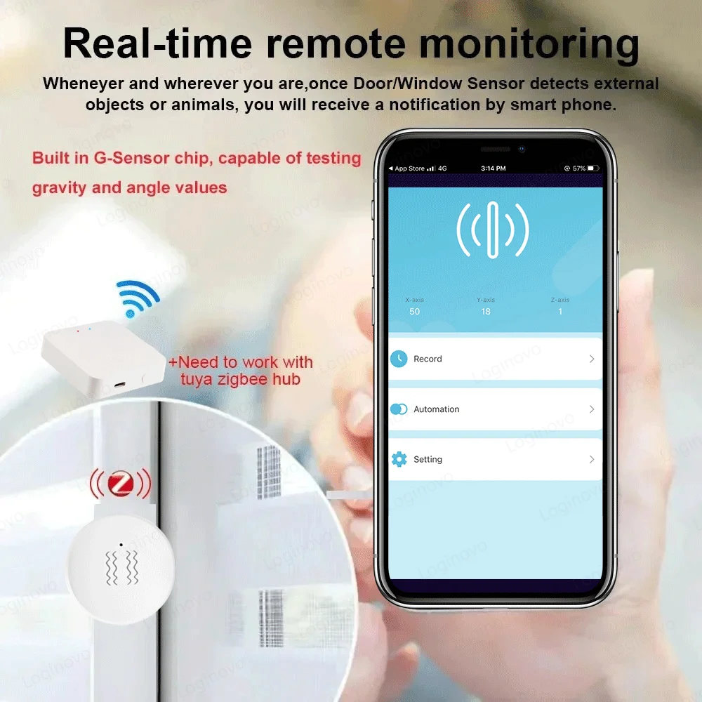Zigbee Vibration Sensor Smart Home Shock Tilt Alarm Detection Door Window Sensor Zigbee Motion Sensor for Security Proection Alexa Google