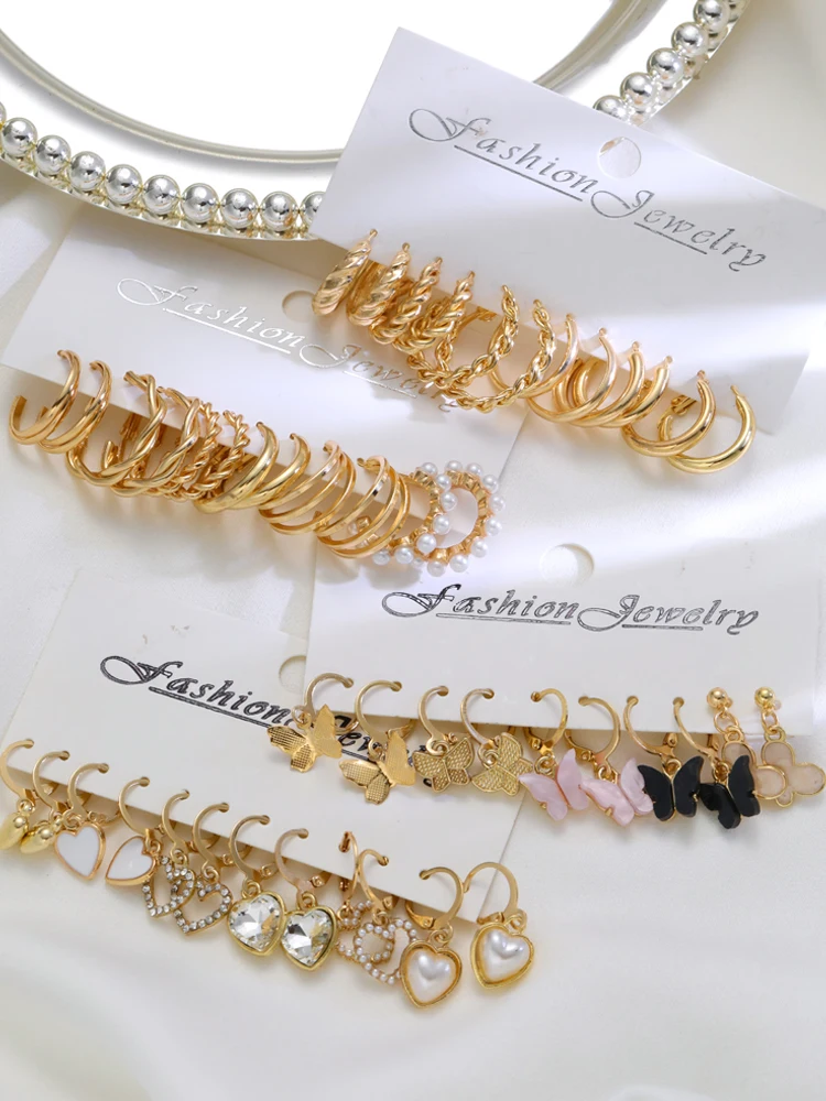23 Pcs Gold Color Hoop Earring Set for Women Boho Vintage Butterfly Heart Pearl Circle Dangle Earrings New Trendy Jewelry Gifts