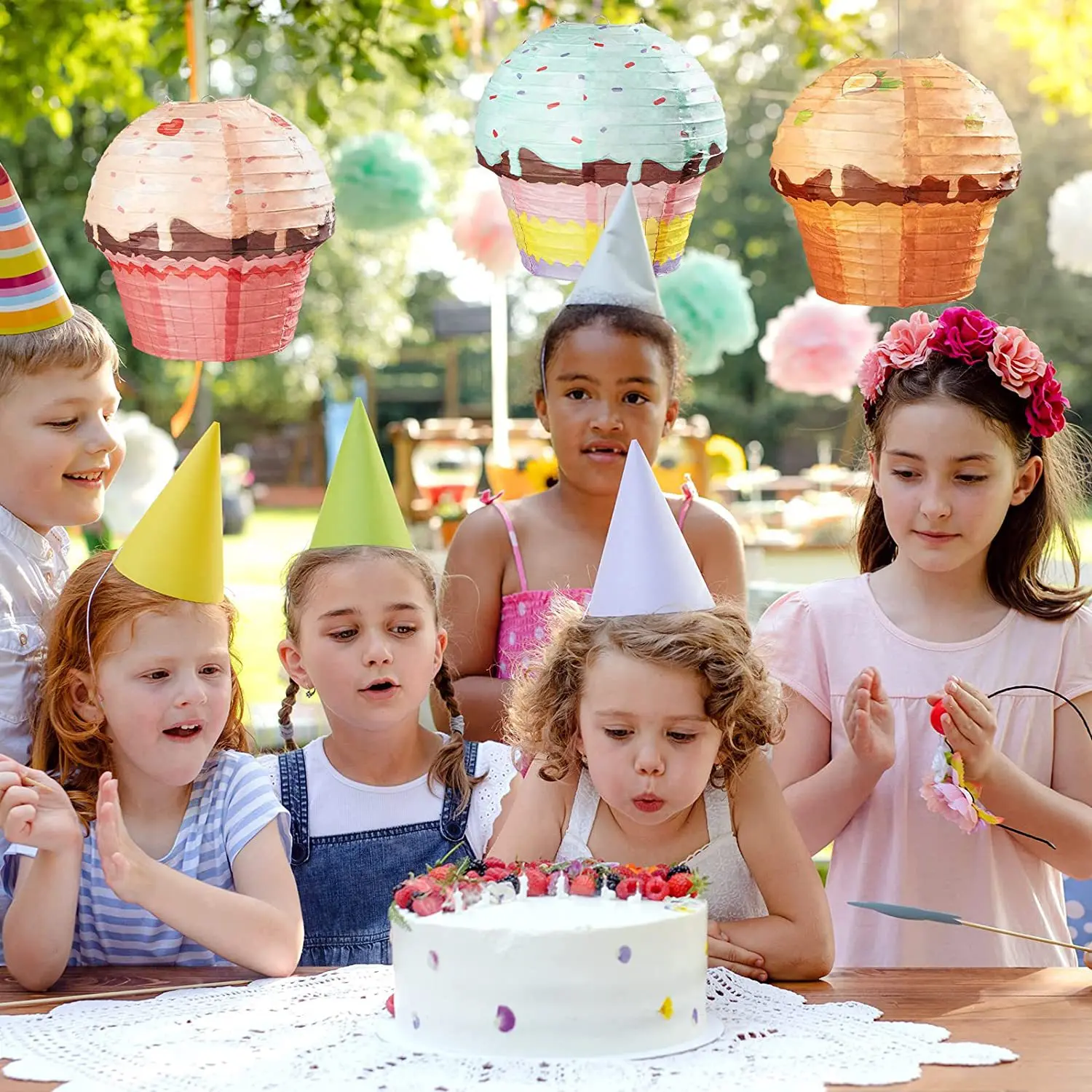 Paper Lantern Cake Paper Lanterns 1st One Happy Birthday Party Decoration Kids 3D Ornaments Cup Cake Ice Cream Pendant Child Baby Shower Favor