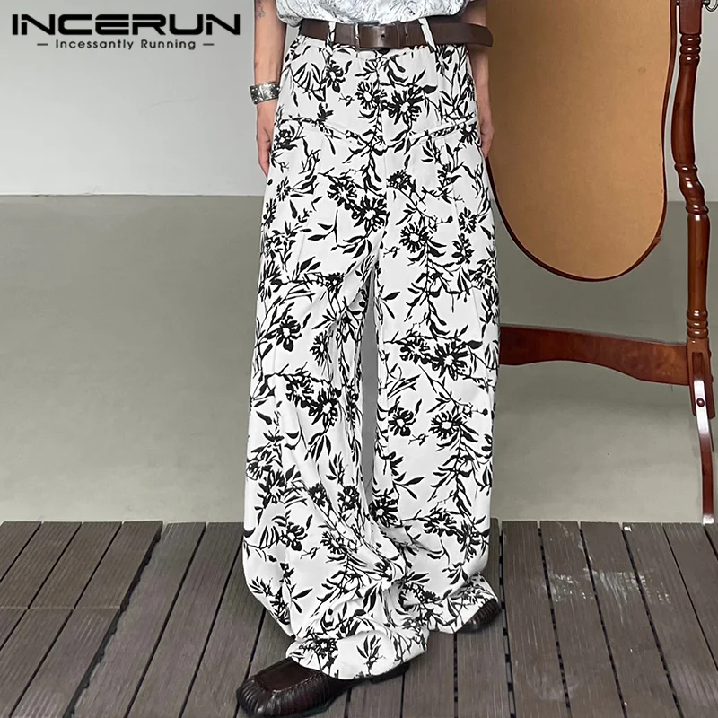 INCERUN 2023 Korean Style New Men's Pants Retro Ink Flower Print Pattern Trousers Fashion Streetwear Hot Selling Pantalons S-5XL