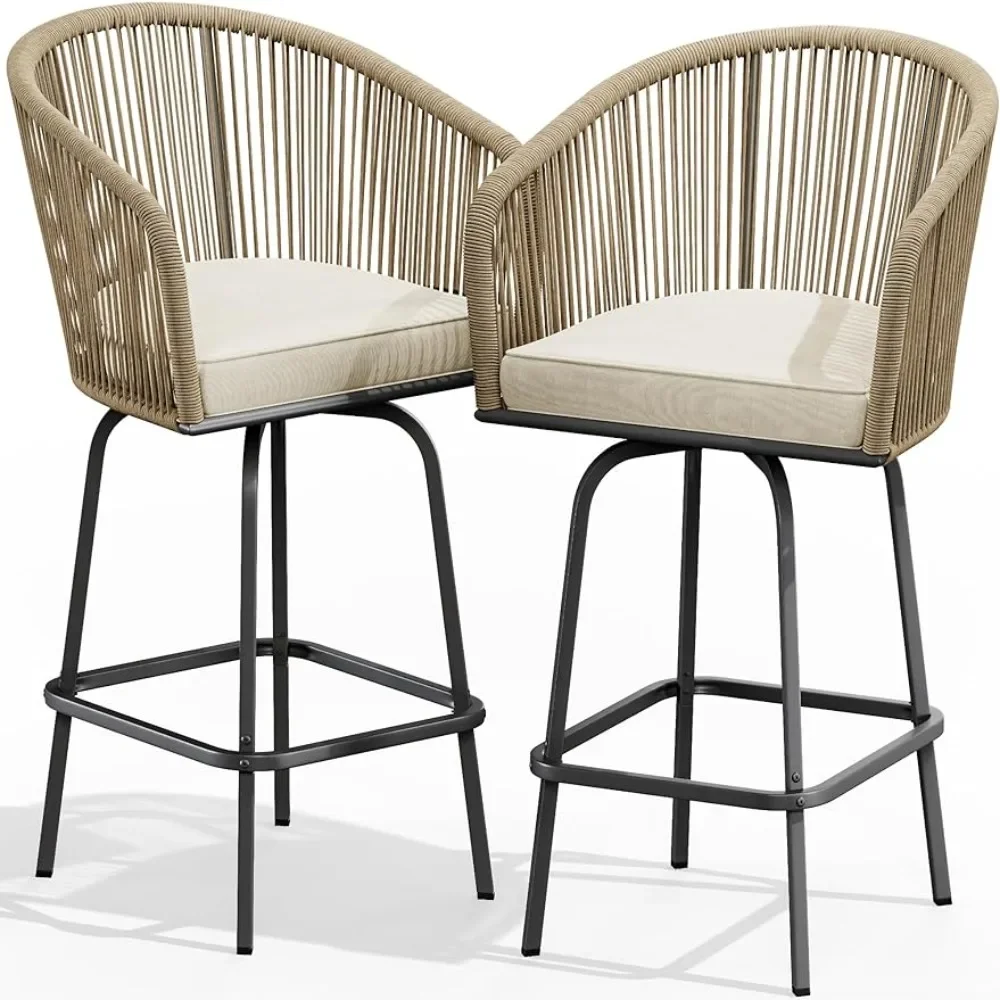 

Outdoor Bar Set Chair With Soft Cushions for Backyard Poolside 2-Piece Patio Woven Swivel Bar Stools Garden Chairs Freight Free