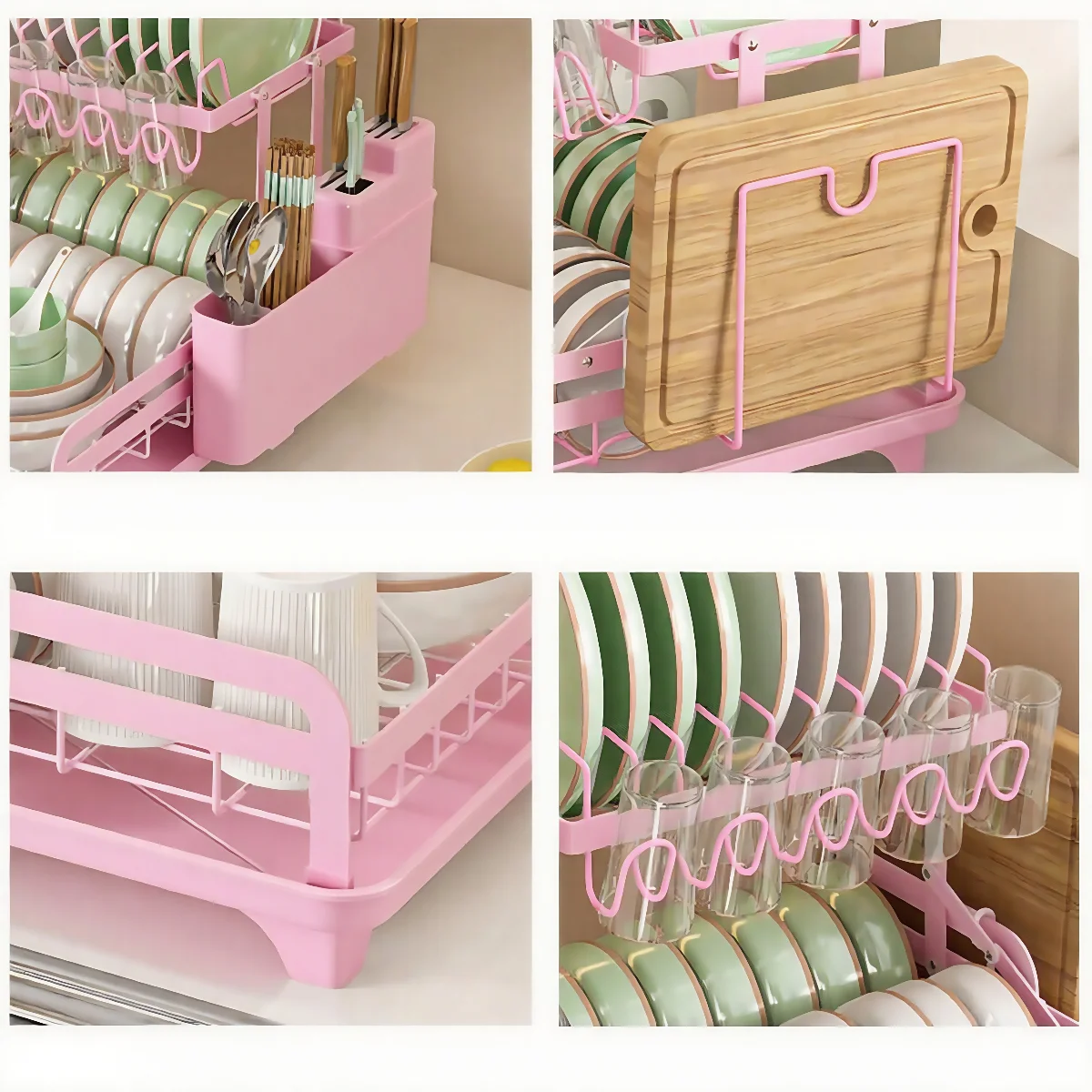 2 Tier Pink Dish Drying Rack with Drainboard | Large Capacity Kitchen Counter Dish Organizer , With Utensil Holder & Accessories