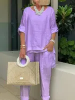 Casual Bleu Femmes Set Printemps Été Mode À Manches Longues O-Neck Loose Suit Femelle Vintage Poche Top Long Pants 2 Pièces Outfit 5