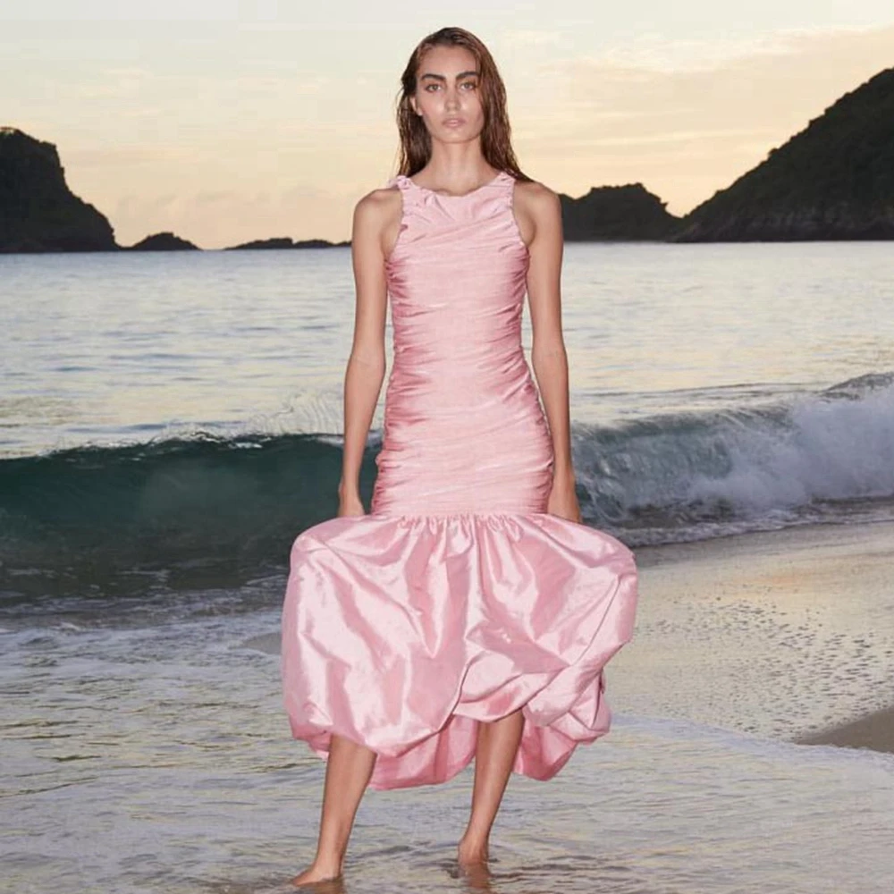 

Sleeveless Light Pink Bundage Satin Dress Mermaid Woman Clothes Open Back Folds Maxi Long Dresses Ever Pretty Gown Customized